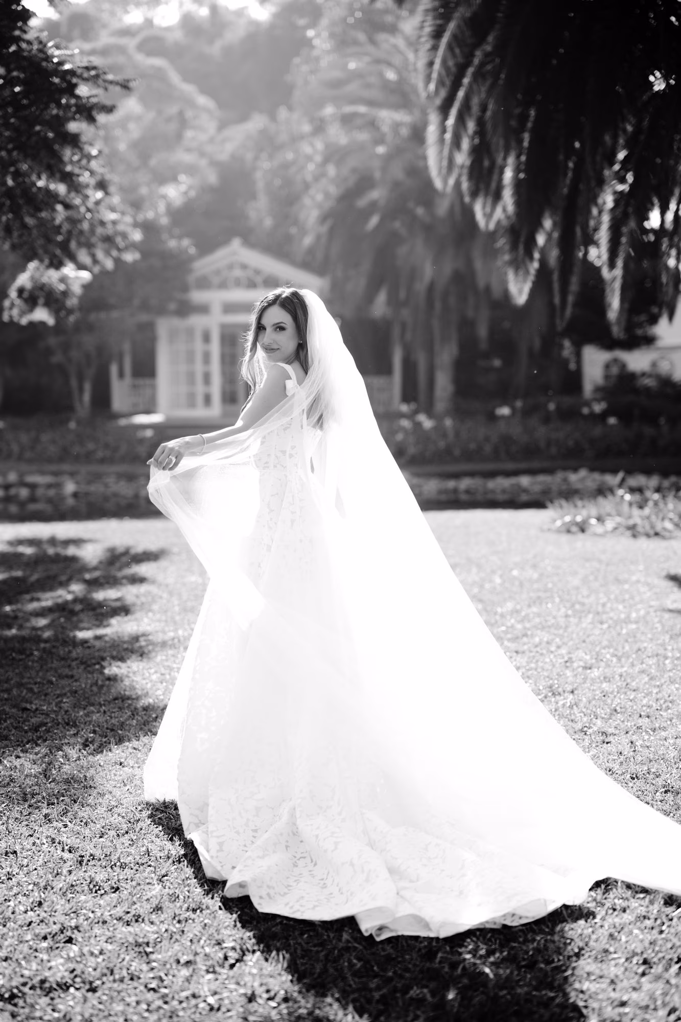 Black-and-white bridal portrait, veil glowing in backlight under palms — editorial Antigua wedding.