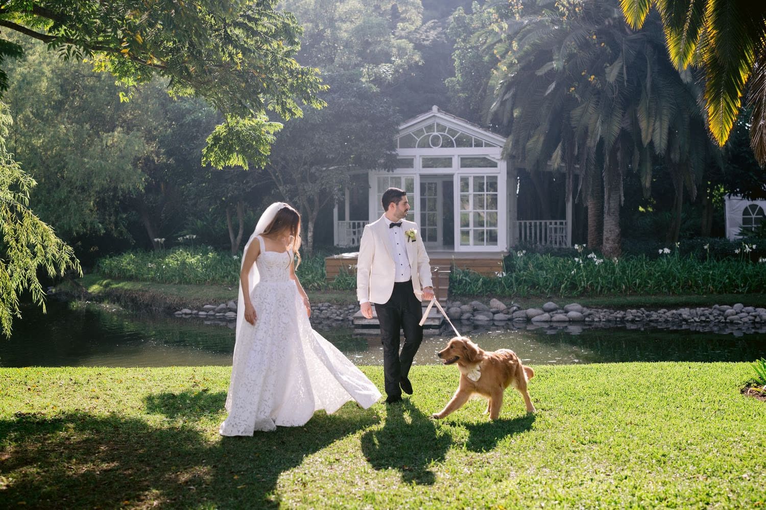 Newlyweds walk Nala the golden retriever past the lakeside garden house — relaxed Villa Bokeh portrait.