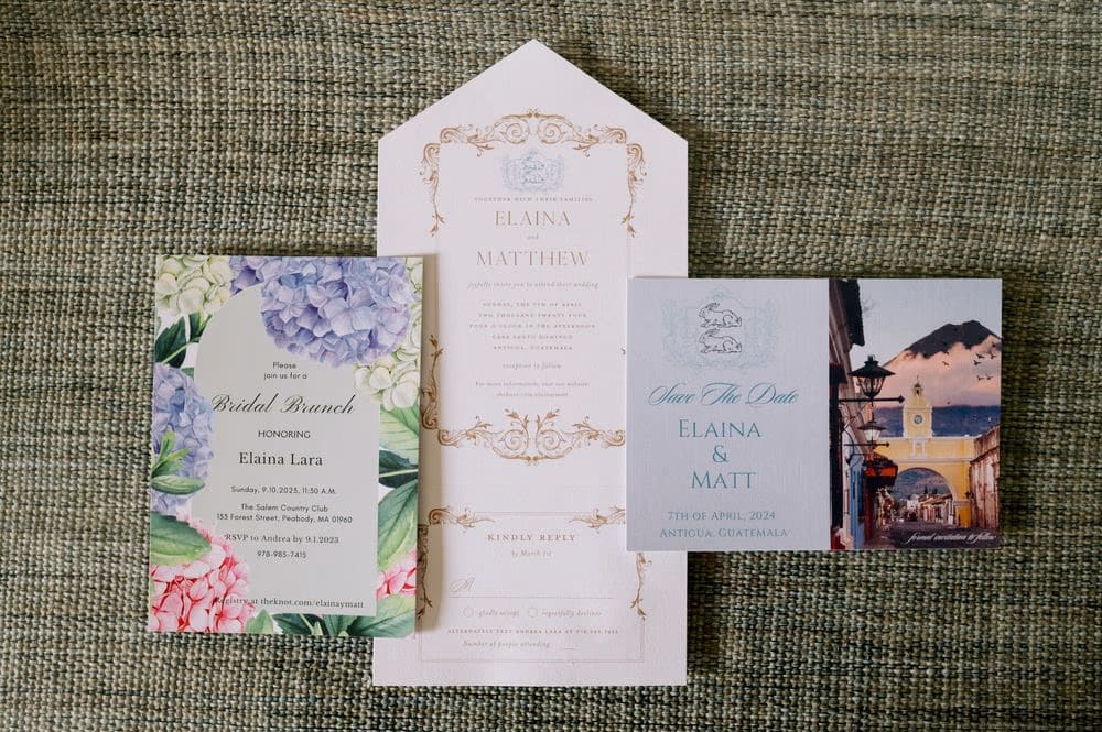 Wedding stationery suite for Elaina and Matt — bridal brunch card, gilded invitation and save-the-date with watercolor florals.